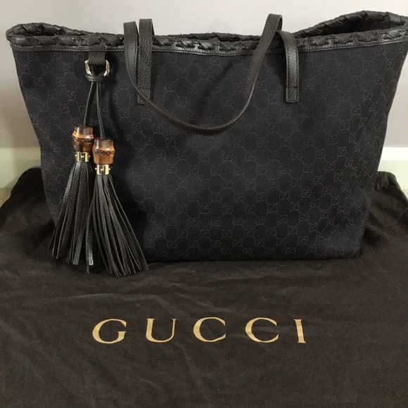 Gucci Handbags - Gucci Bamboo Tassel Black/Brown Canvas Tote Bag